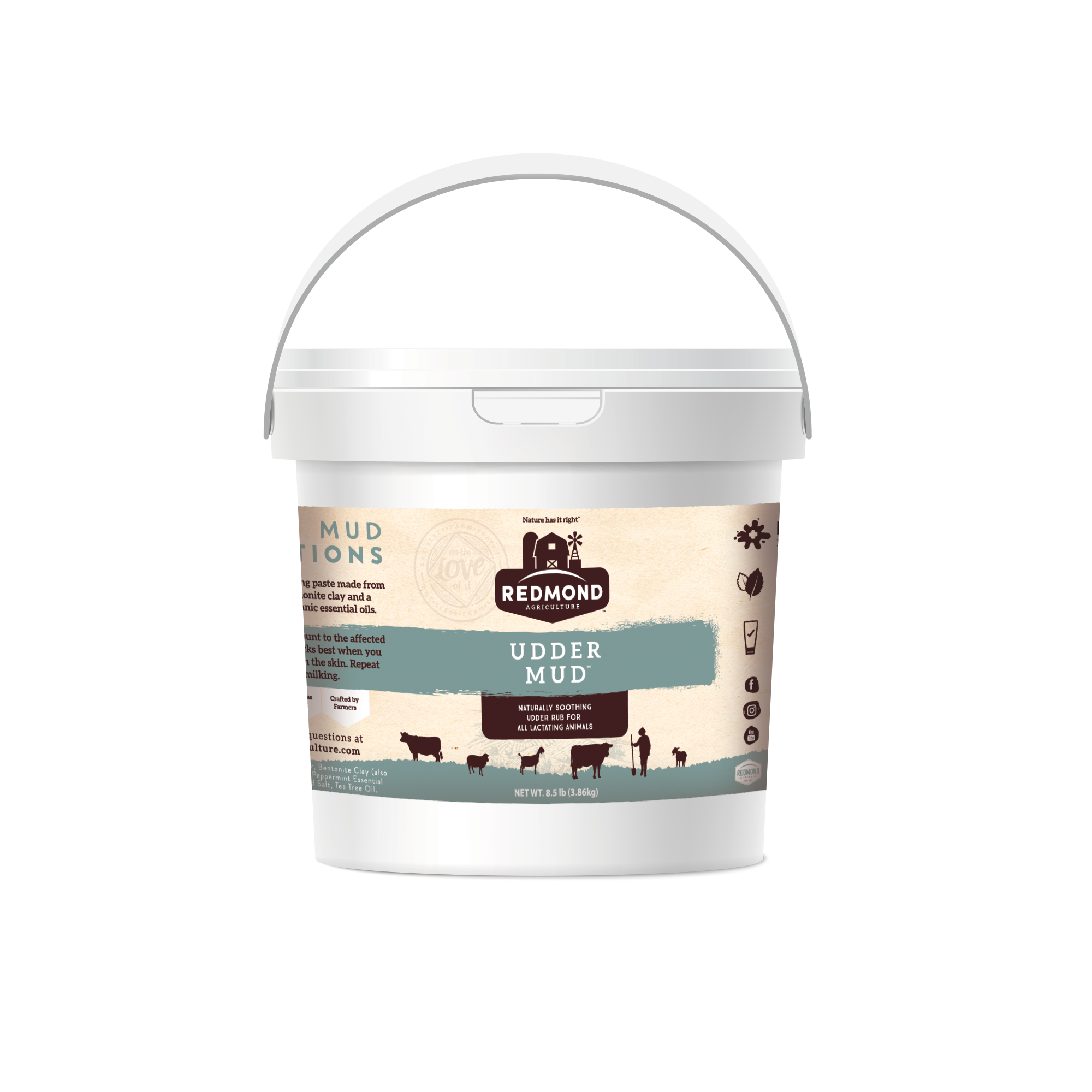 A 25-pound bag and 5-pound pouch of Redmond Sheep Mineral, premium mineral supplements for sheep.