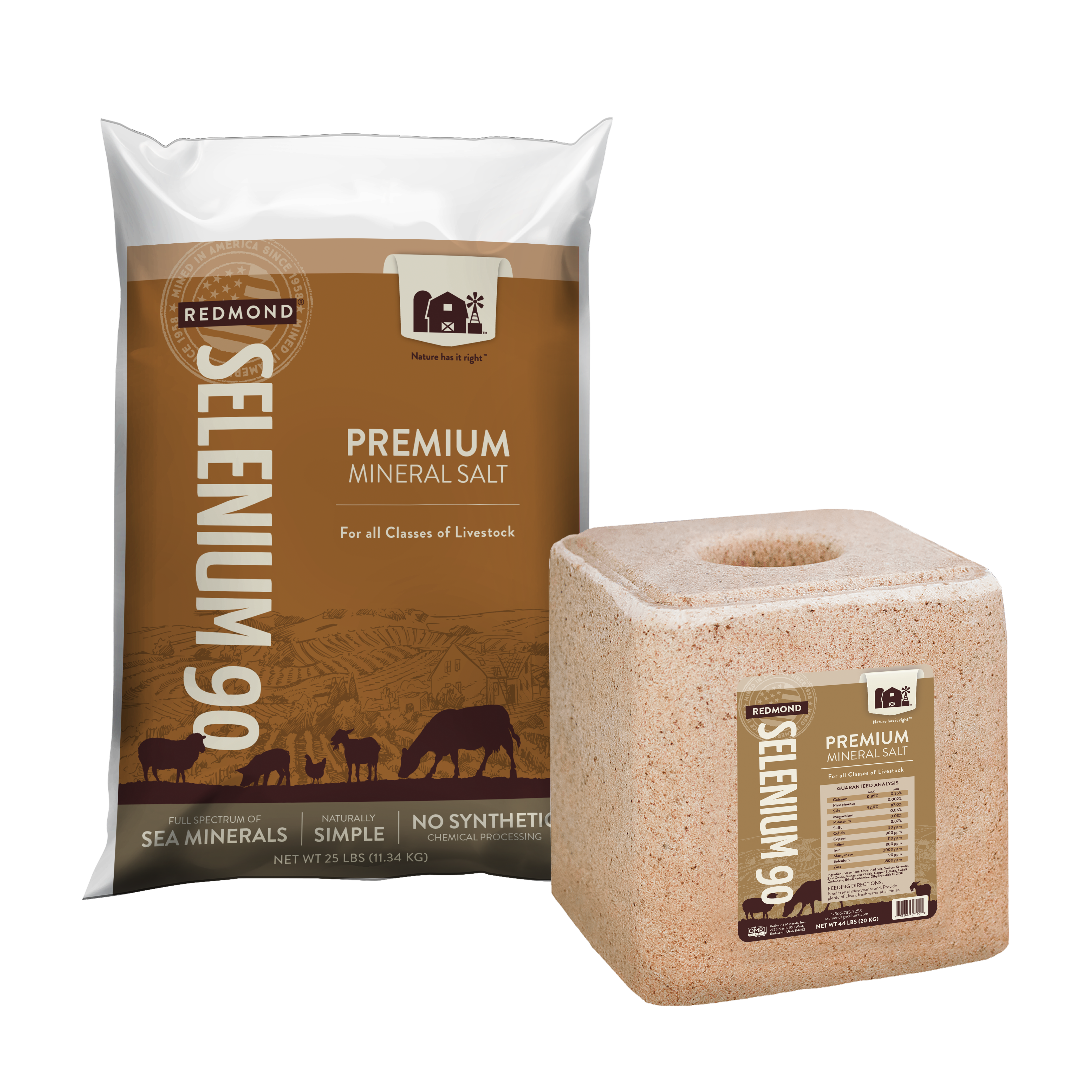 A 25-pound bag and 5-pound pouch of Redmond Sheep Mineral, premium mineral supplements for sheep.