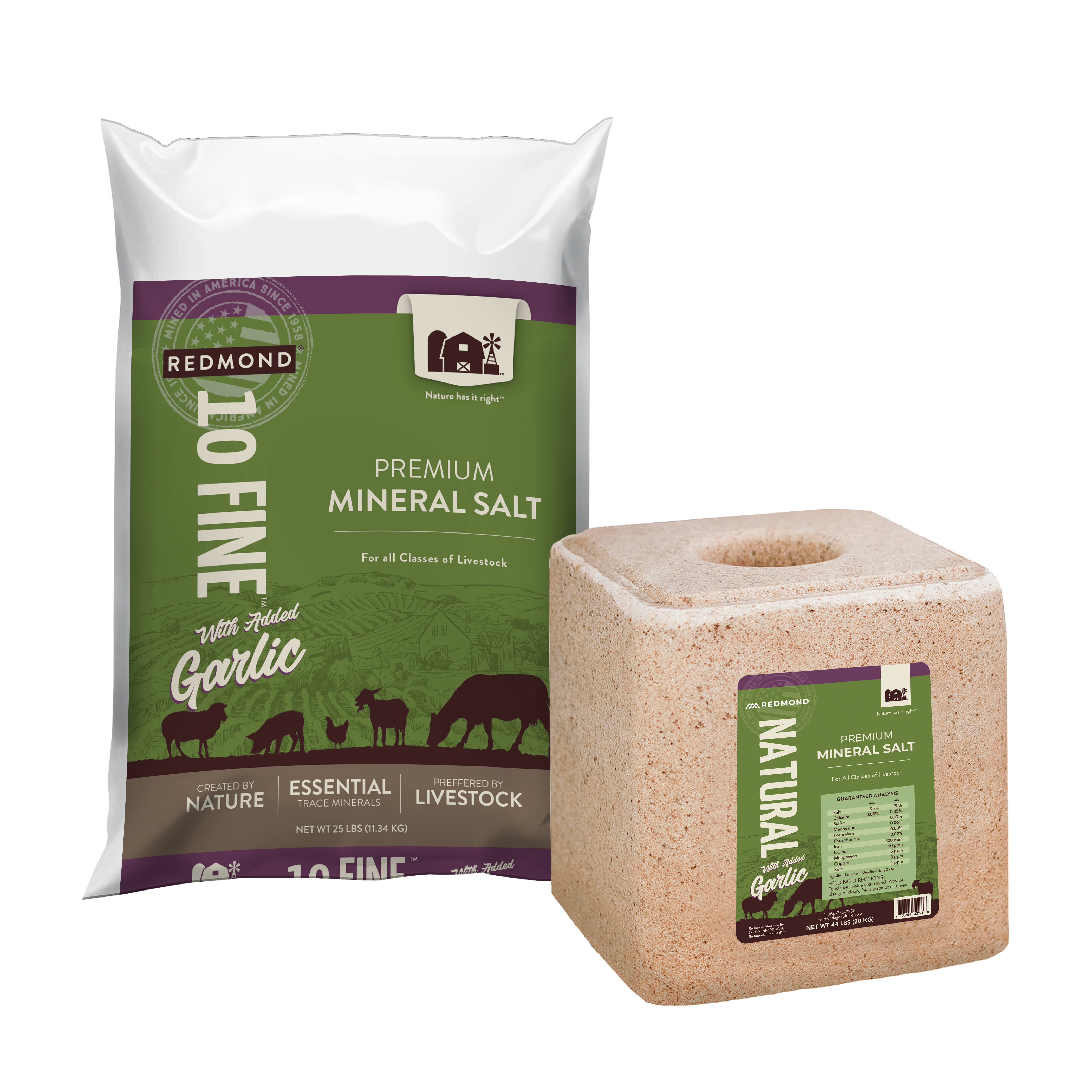 A 25-pound bag and 5-pound pouch of Redmond Goat Mineral--the best goat mineral supplement for all breeds.