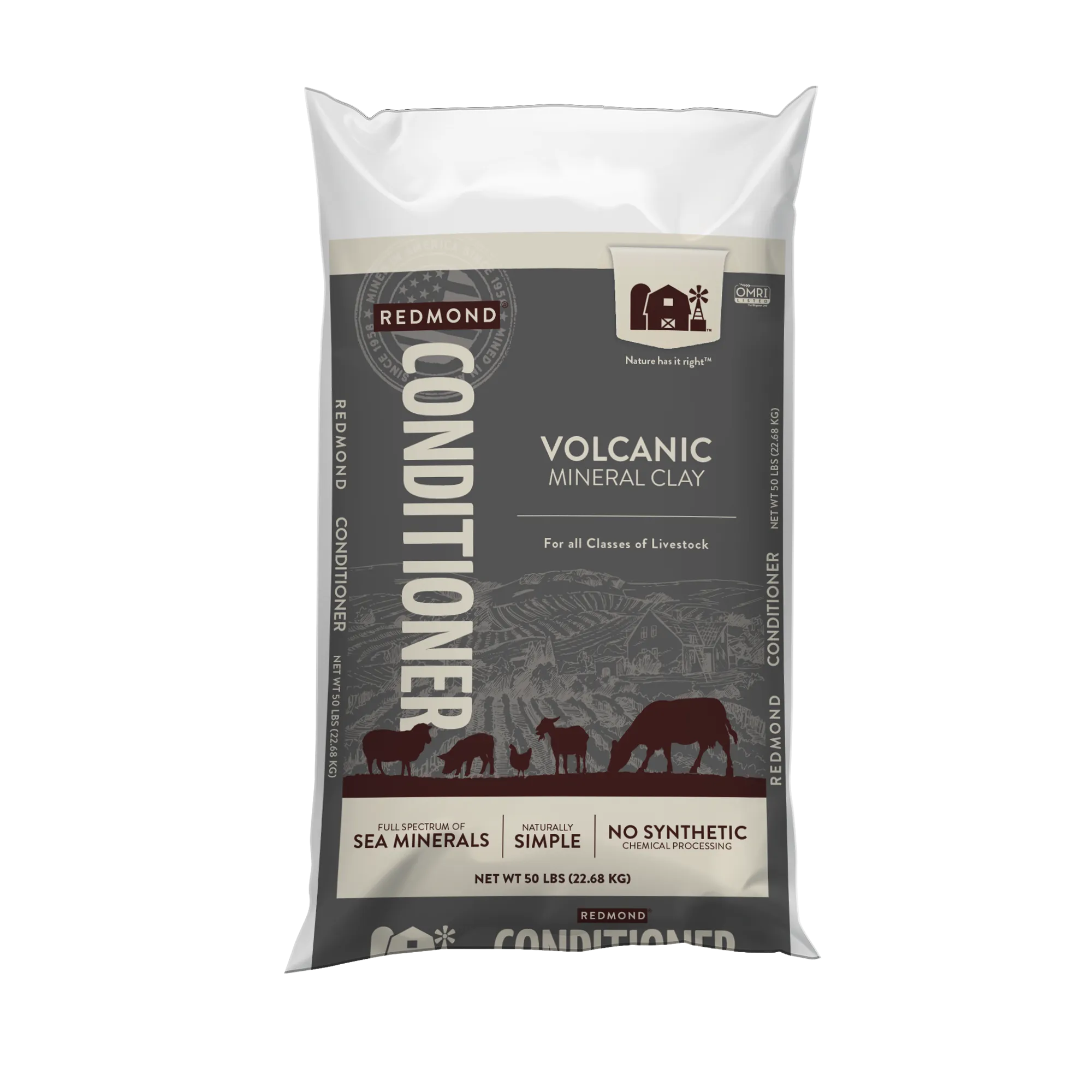 A 25-pound bag and 5-pound pouch of Redmond Goat Mineral--the best goat mineral supplement for all breeds.