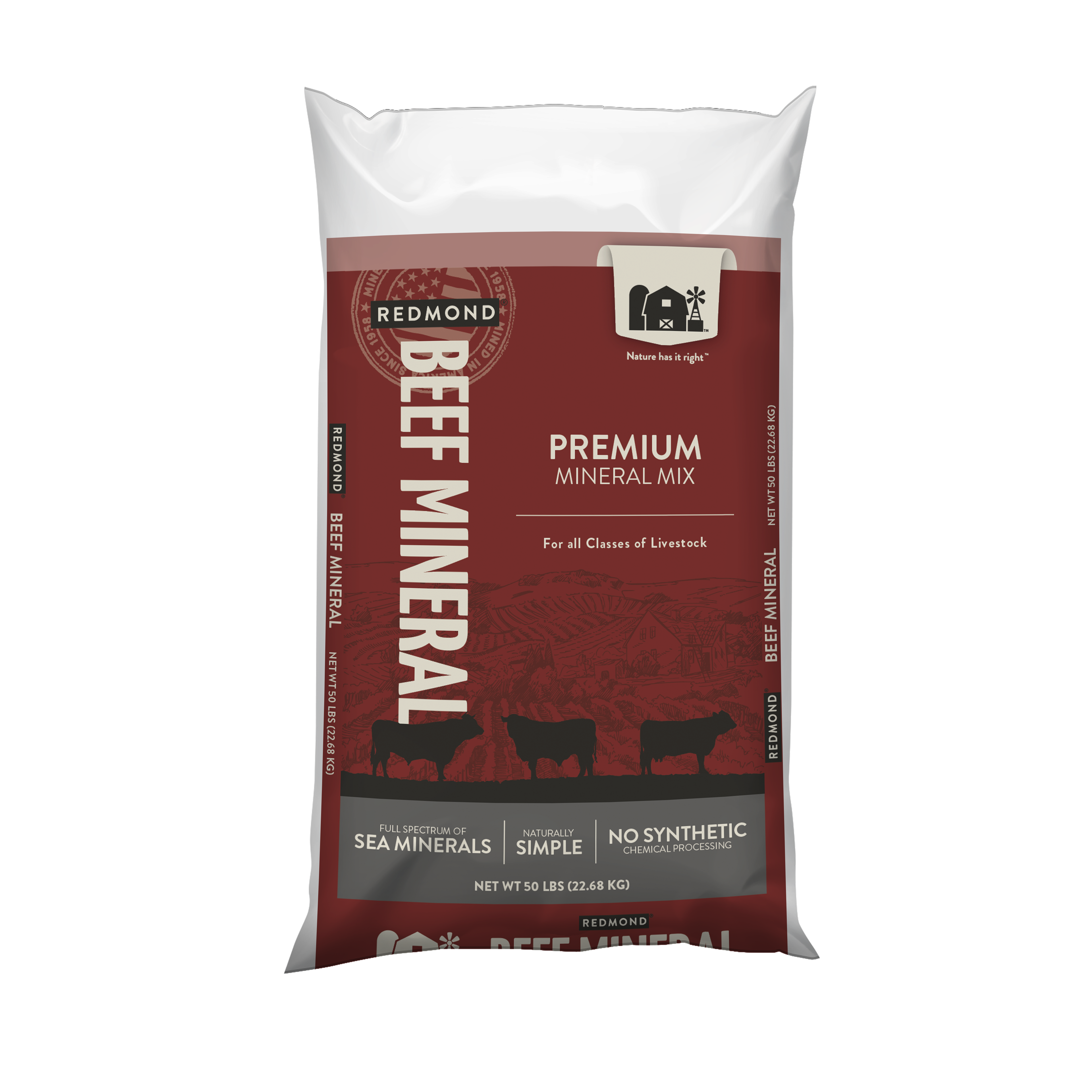  A 25-pound bag and 5-pound pouch of Redmond Sheep Mineral, premium mineral supplements for sheep.