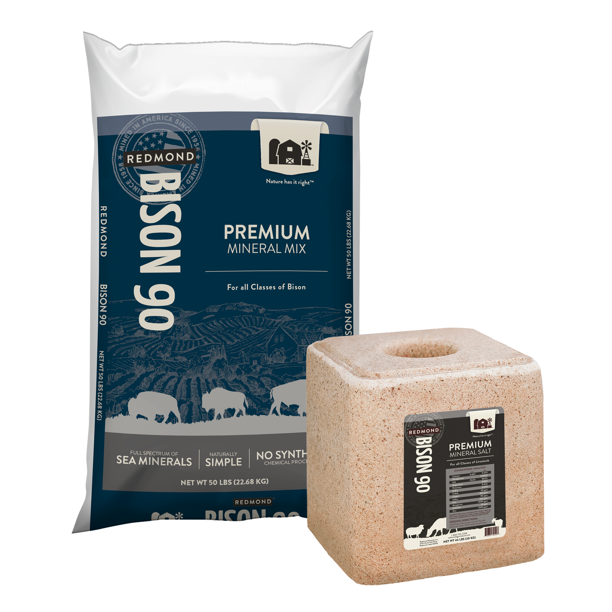  A 25-pound bag and 5-pound pouch of Redmond Sheep Mineral, premium mineral supplements for sheep.