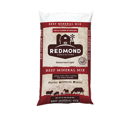 A 25-pound bag of Redmond Beef Mineral Mix for cattle.