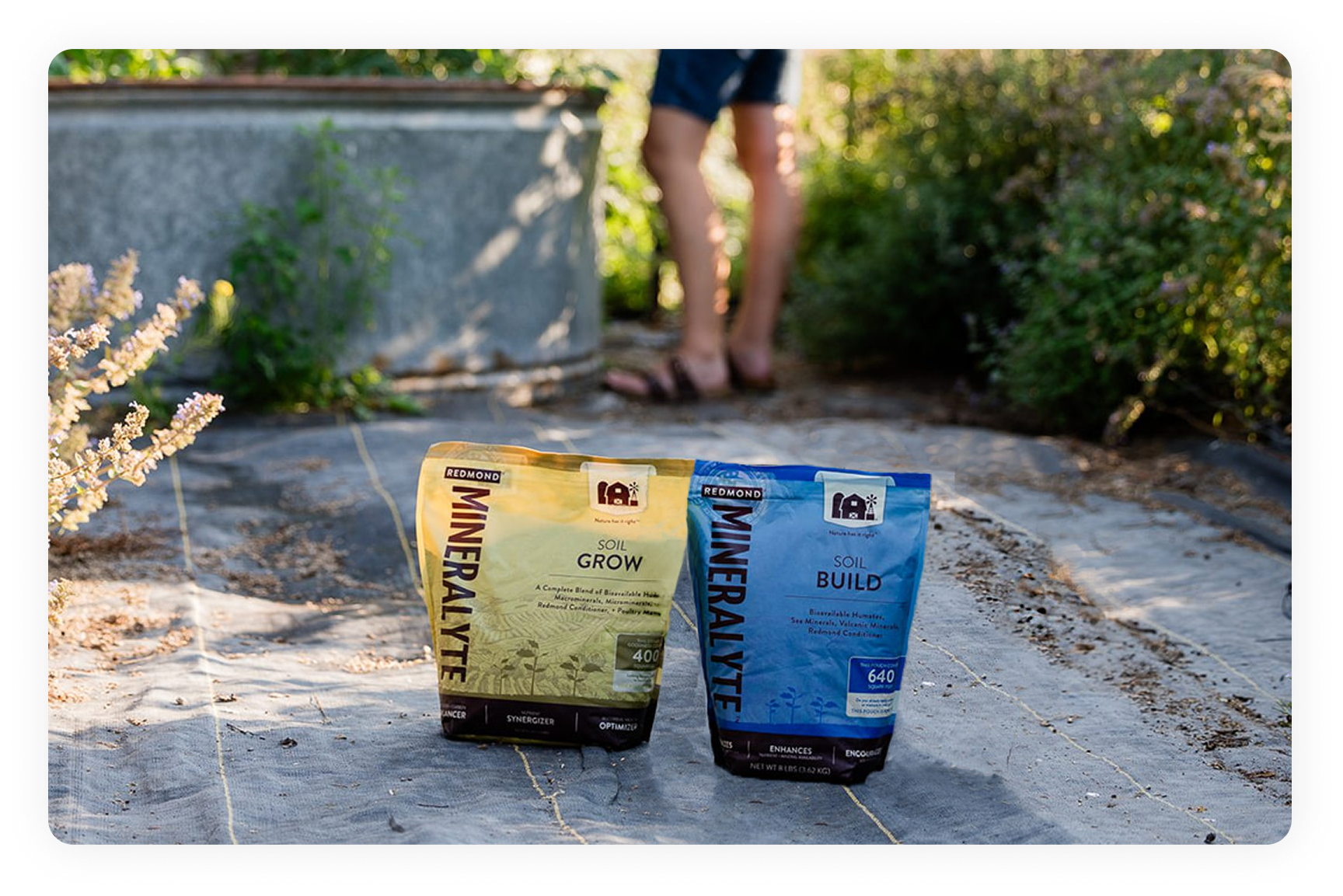 Bags of Mineralyte Build and Mineralyte Grow in a garden